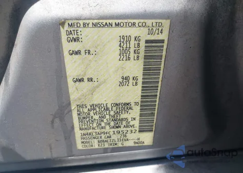 2015 Nissan Altima 2.5 Sv z USA, uszkodzony, nr VIN 1N4AL3AP9FC195232